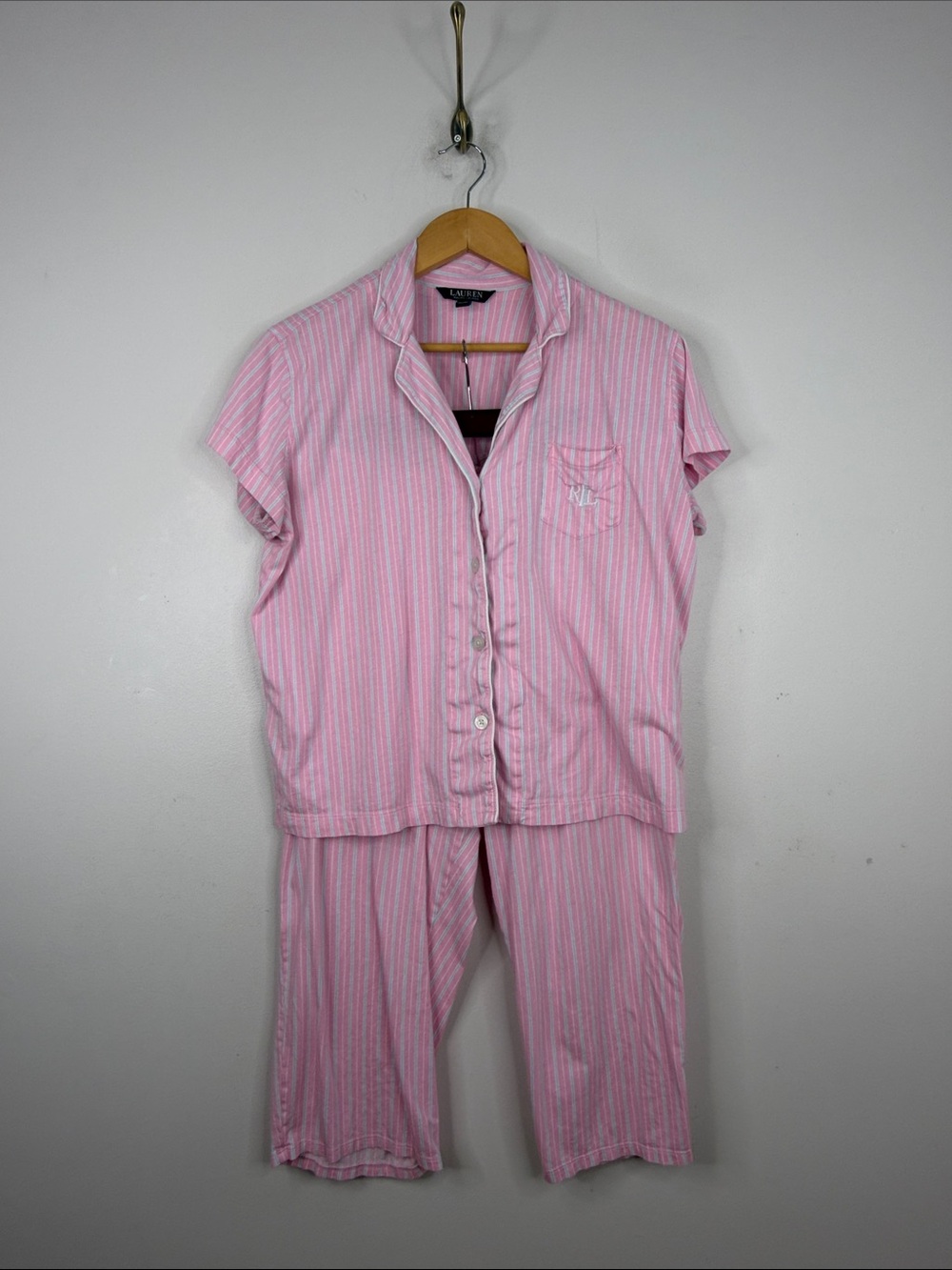 Lauren Ralph Lauren Pajamas Womens Large Pink Blue Stripe Short Sleeve Capri Pjs
